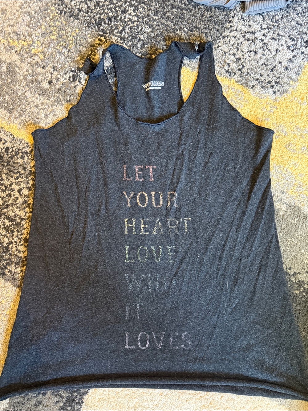 Fifth Sun Black Racerback Tank with Faded Multi-Color Text